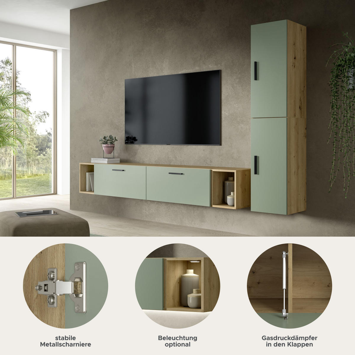 WOHNWAND The One Smoke Green 259/34/182 cm - Braun, Holzwerkstoff (259/182/34cm) - Xonox