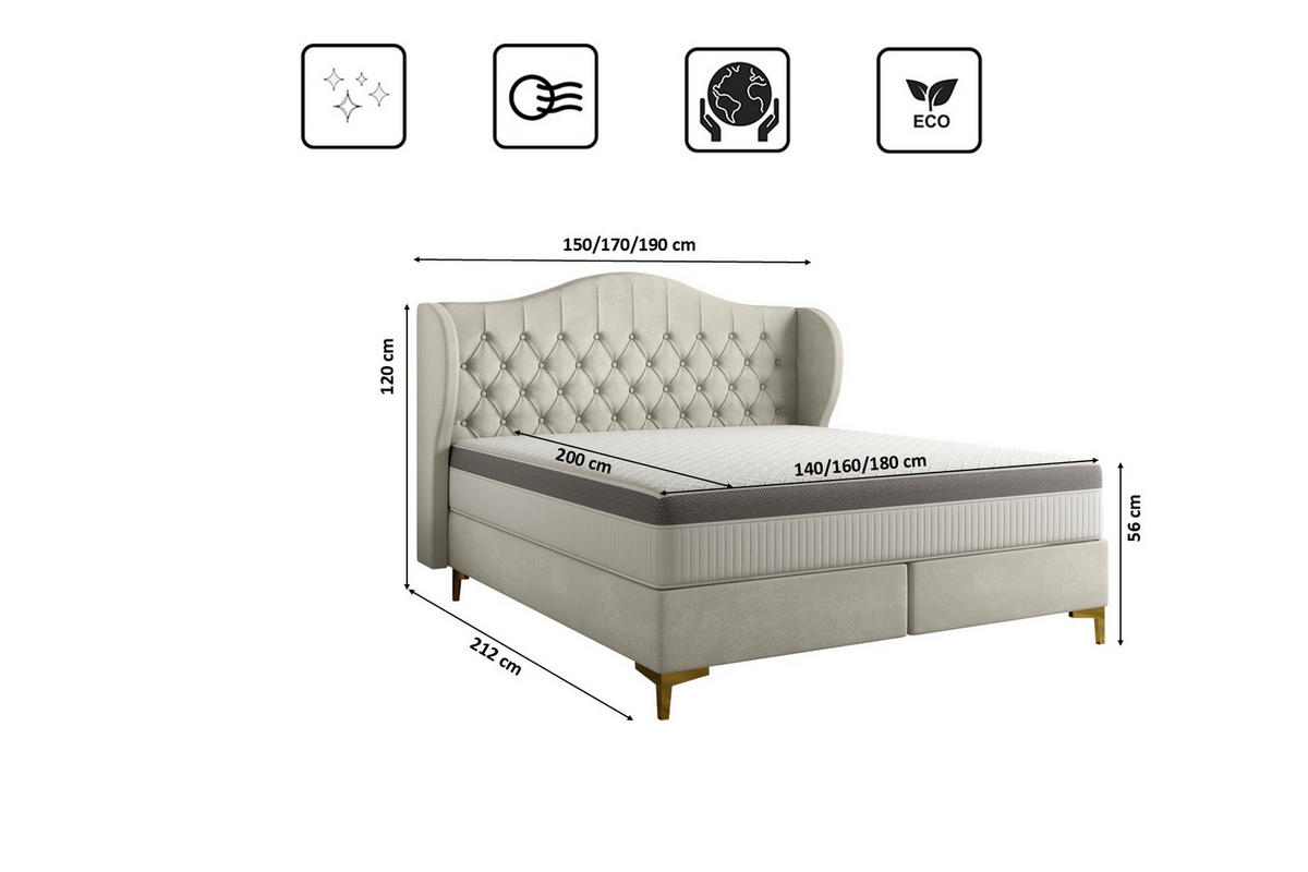 BETT mit Taschenmatratze LEGEND, Whisper-Stoff Creme 180x200 cm - Creme, Holz/Textil (180/200cm) - Kaiser Möbel