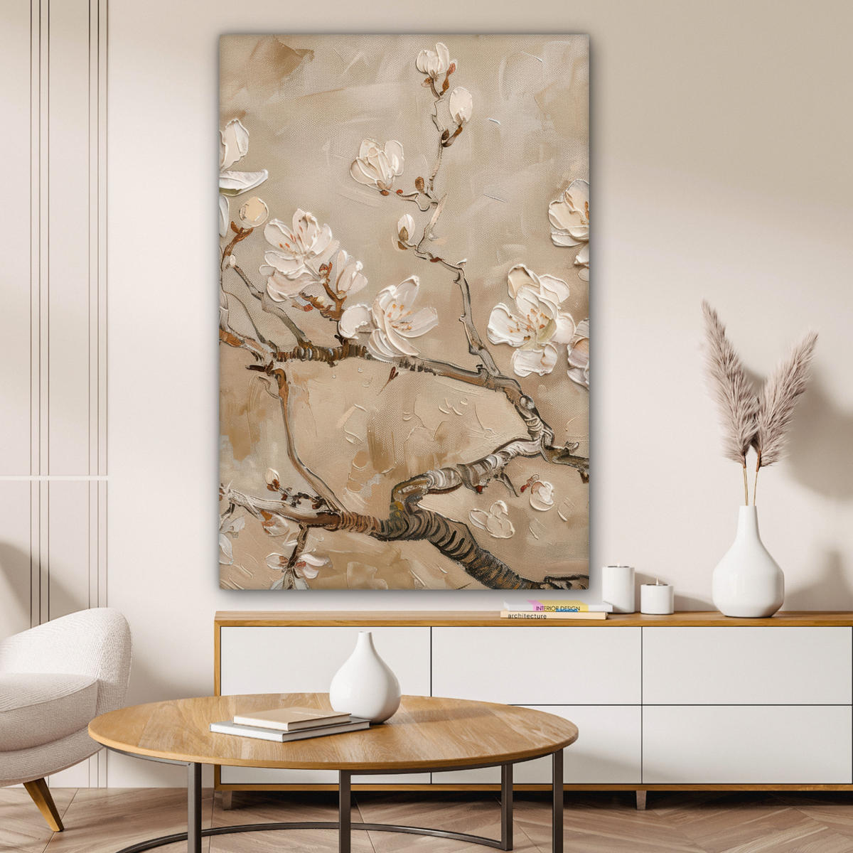 LEINWANDBILD - Blumen - Modern - Beige - Weiß - Blüte - 80x120 - Wanddeko - Beige, Textil (80/120cm) - MuchoWow