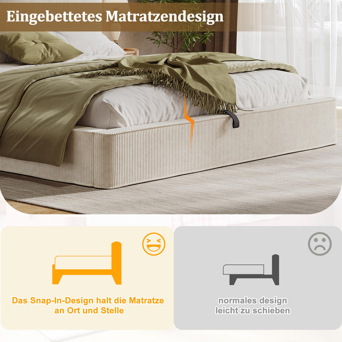 POLSTERBETT 180/200 cm in Beige mit Bettkasten und Lattenrost Cord Blockdesign - Beige, Holzwerkstoff/Textil (180/200cm) - STILVORA