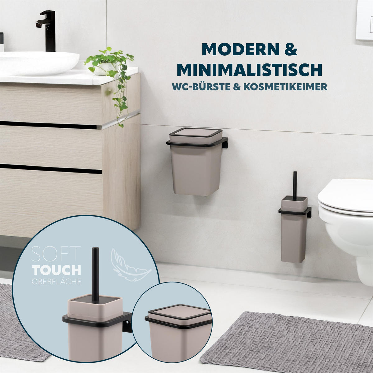 WC-GARNITUR 2-TLG. Bürste u. Eimer SAVONA Softtouch inkl. Wandhalterung, eckig - taupe - Taupe, Kunststoff (18/25/21cm) - bremermann