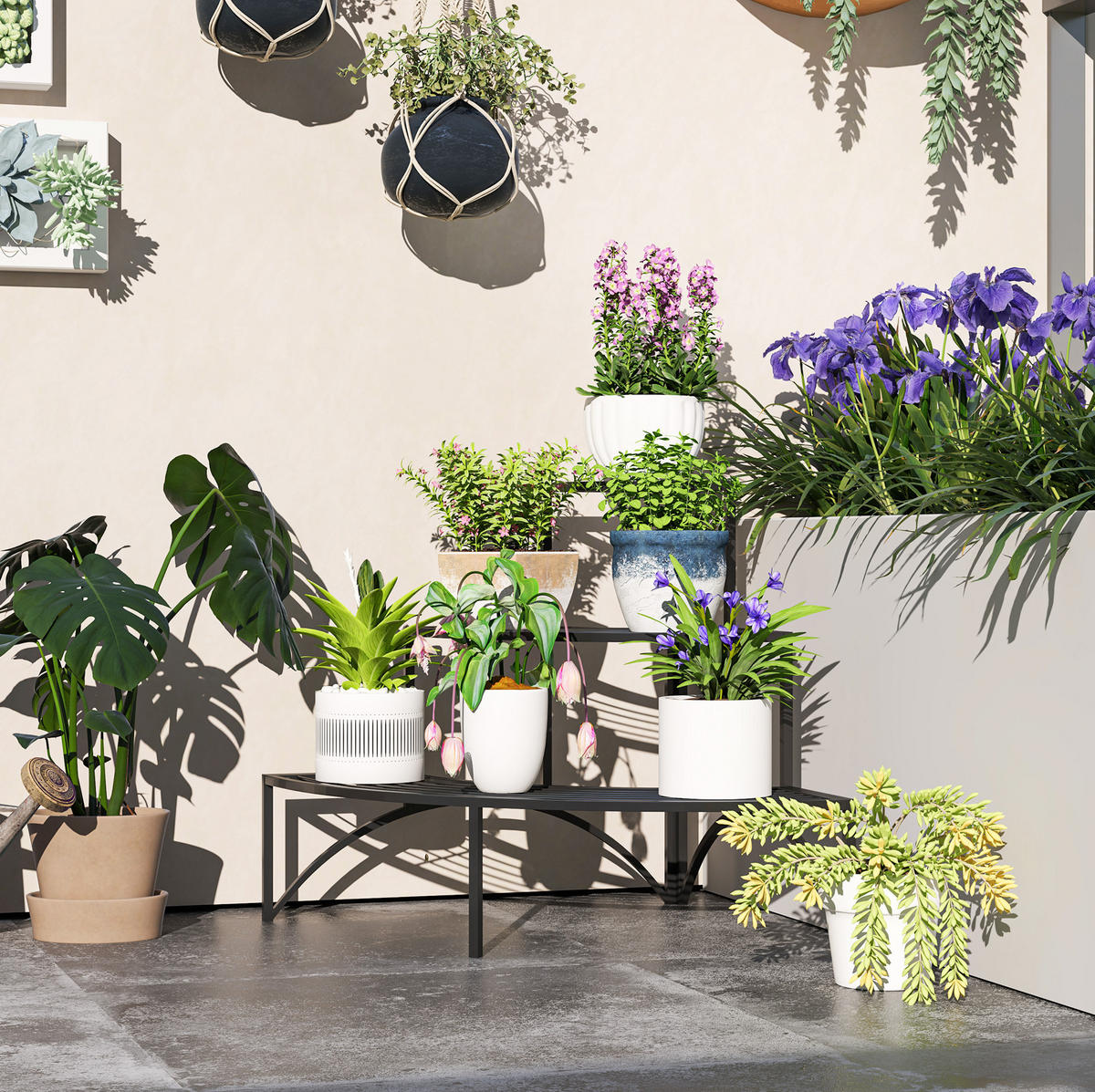 BLUMENSTÄNDER 87/60/60 cm, 3-stufiges Eckdesign aus Metall für Innen und Außen, Schwarz - Schwarz, Metall (60/60/87cm) - Redom
