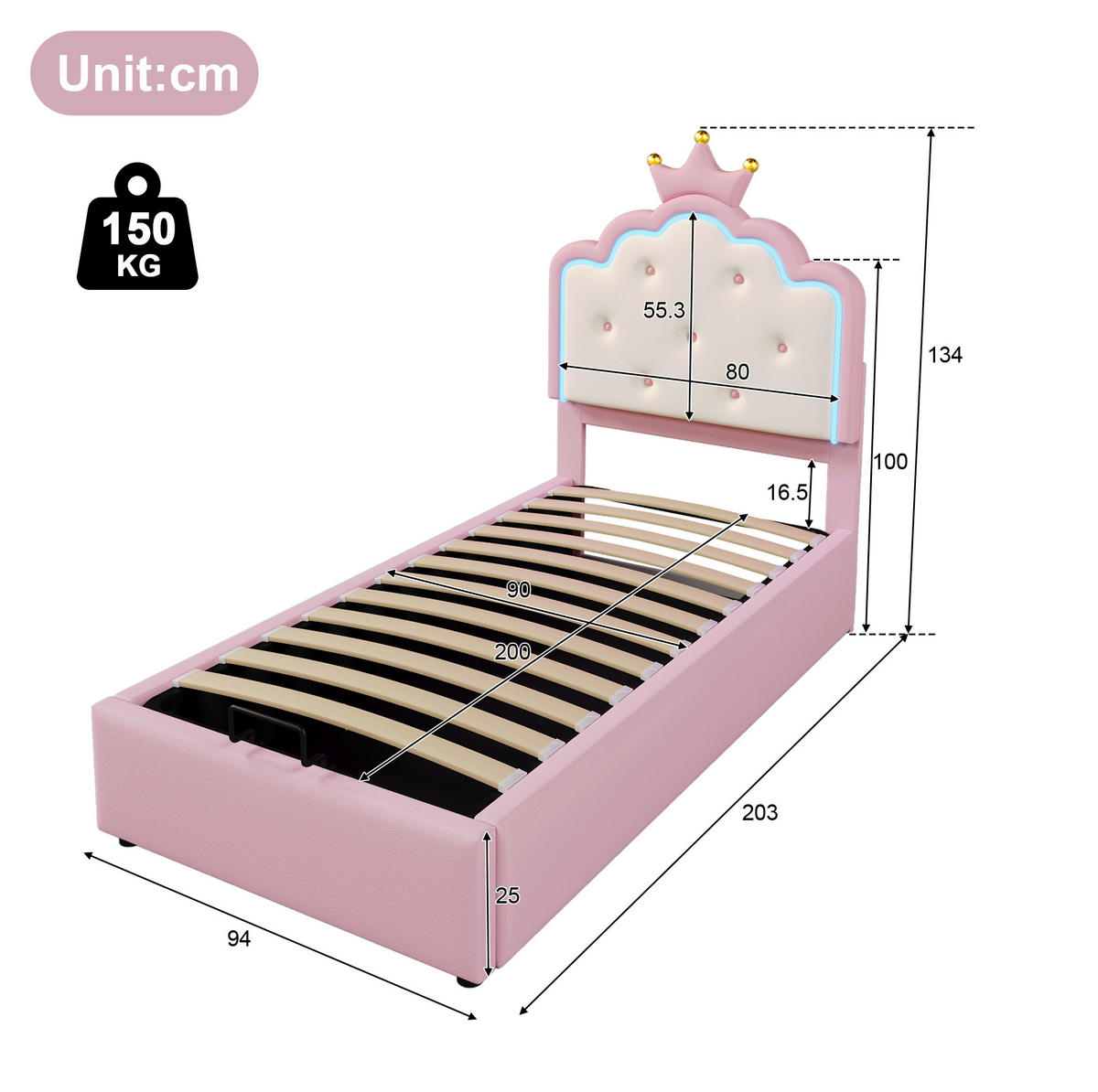 POLSTERBETT 90/200 cm mit Lattenrost, LED-Ambientelicht und hydraulischem Stauraum aus PU, Pink - Rosa, Kunststoff (90/200cm) - Redom