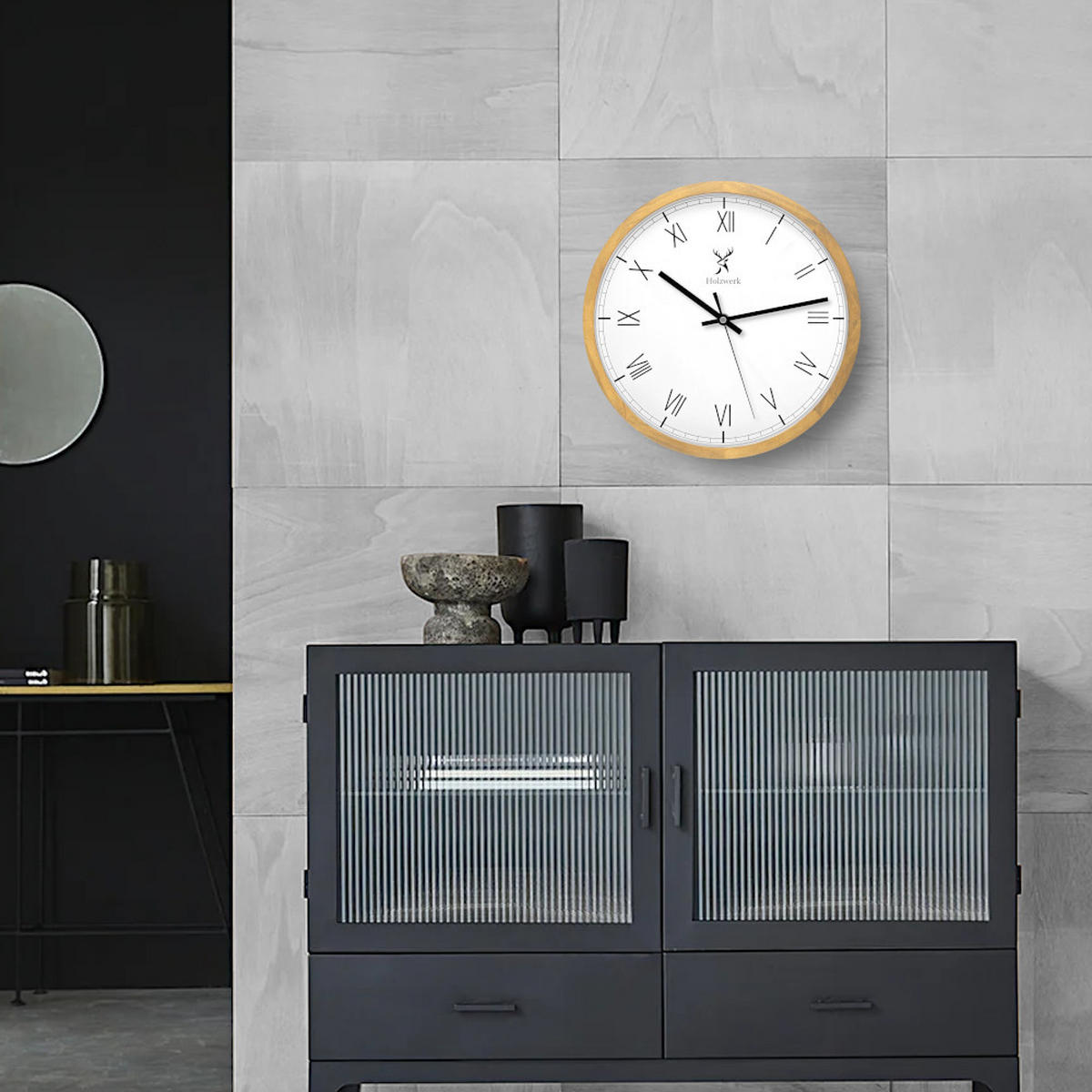 WANDUHR Holz Designer FREIBURG Loft Wand Uhr, beige, weiß - Beige, Glas/Holz (30/30/4.2cm) - Holzwerk