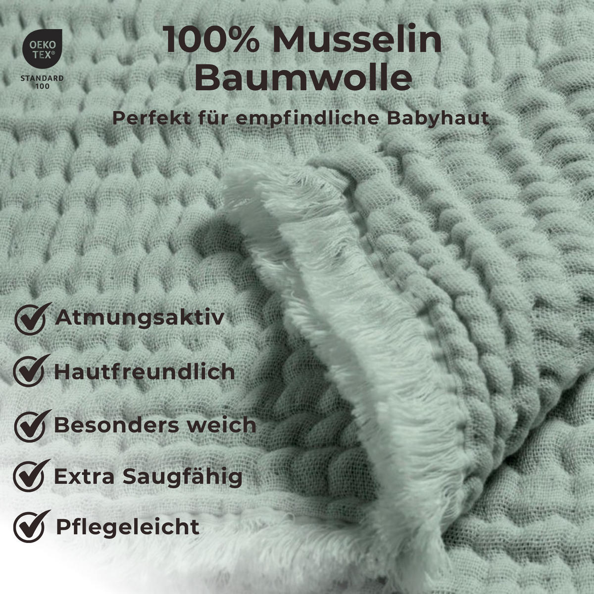 MUSSELINDECKE Babydecke Einschlagdecke Puckdecke Säuglingsdecke Stilltuch - Mintgrün, Textil (80/80cm) - nordic coast company