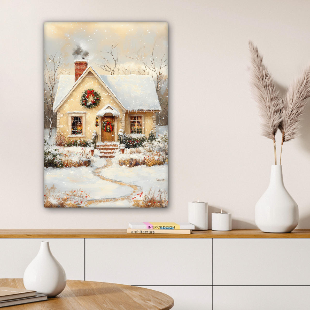 LEINWANDBILD Weihnachten - Zuhause - Winter - Schnee Wanddeko Schlafzimmer 60x90 cm - Creme, Textil (60/90cm) - MuchoWow