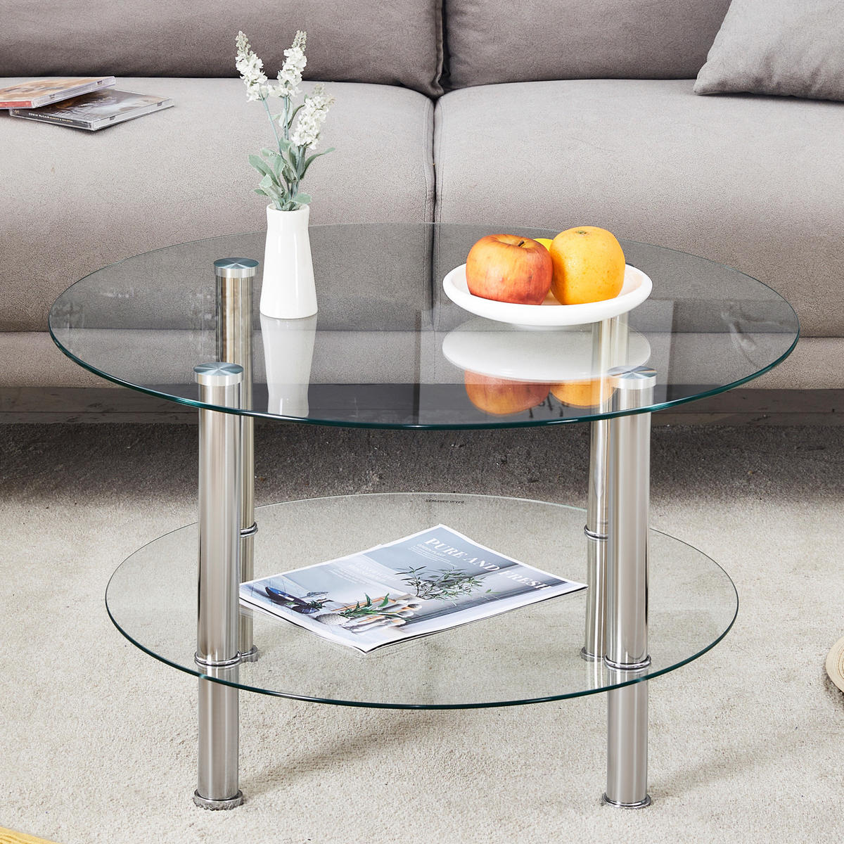 COUCHTISCH 70/60/42 cm Silber/Transparent aus Glas und Metall zweistufig - Silberfarben, Glas (70/70/42cm) - OKMYHOME
