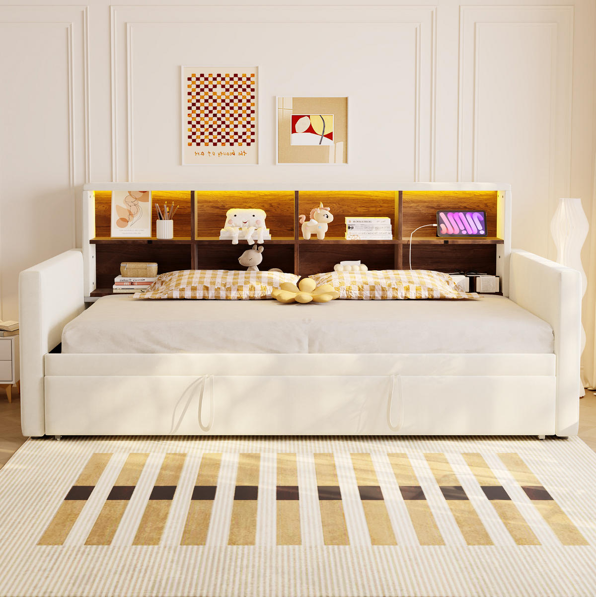 POLSTERBETT mit LED-Beleuchtung 90/190 cm mit Ausziehbett und Stauraum - Beige, Textil (90/190cm) - BEAOK