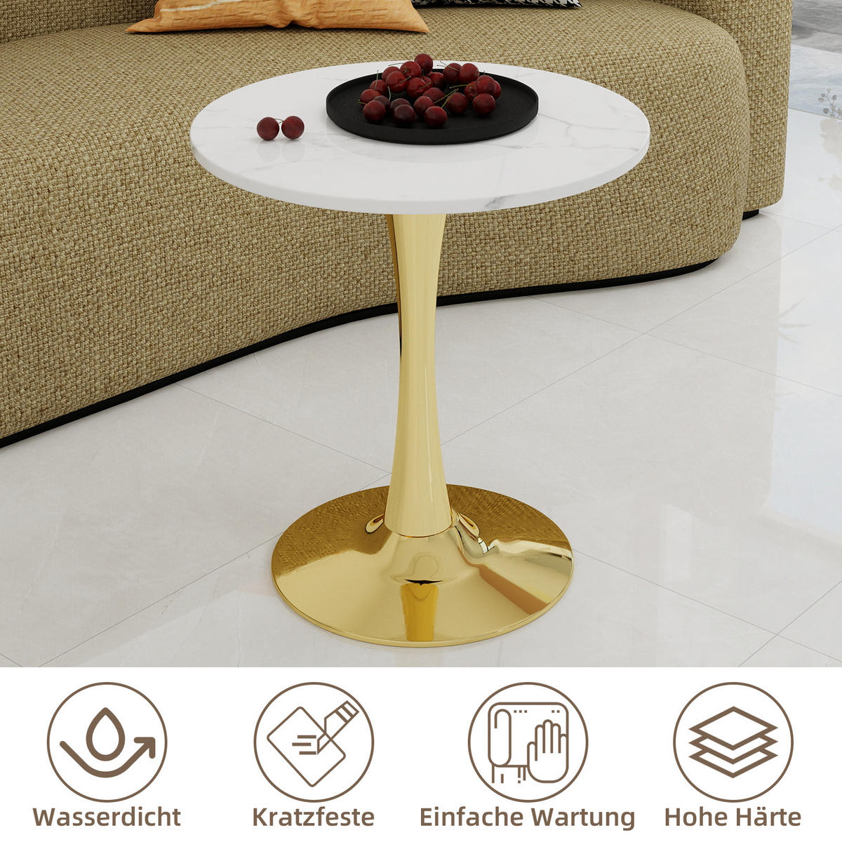 COUCHTISCH 70/70/72 cm Golden Weiß mit runder Kunstmarmorplatte - Goldfarben, Stein (70/70/72cm) - OKWISH