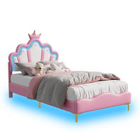 KINDERBETT 90 x 190 cm, Prinzessinnen, mit RGB-LED-Beleuchtung, gepolsterter Krone, höhenverstellbarem Bettgestell, Rosa - Pink, Leder/Holz (190/90cm) - BursDany