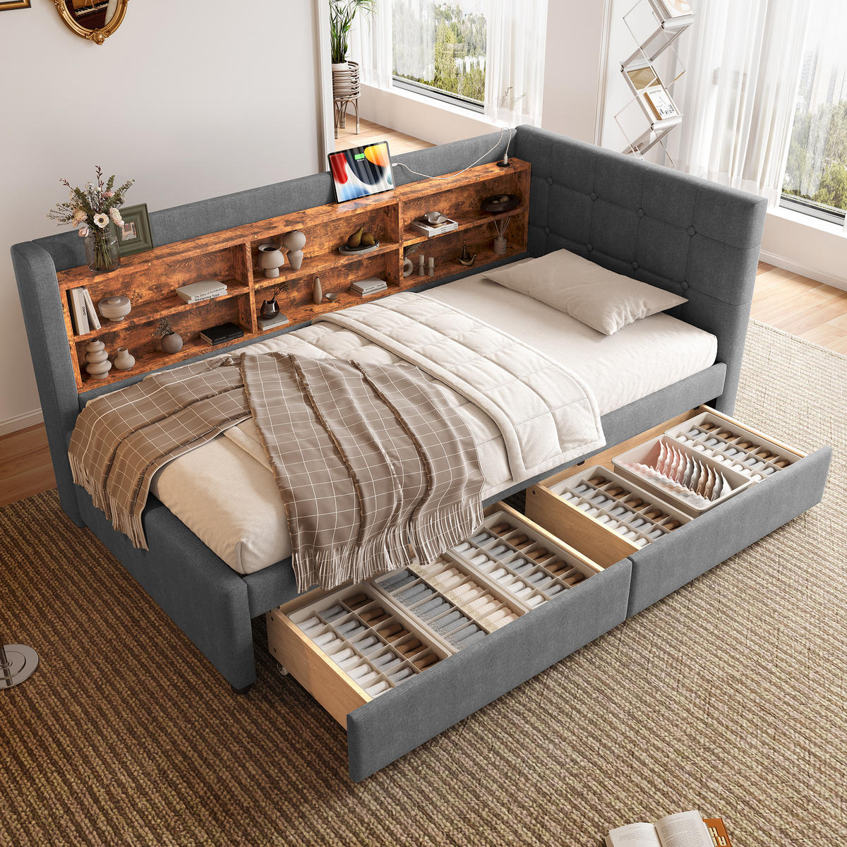 TAGEBETT 90x200cm Grau Leinen 2 Schubladen USB-C Ablagefächer - Grau, Holz (90/200cm) - FLIEKS