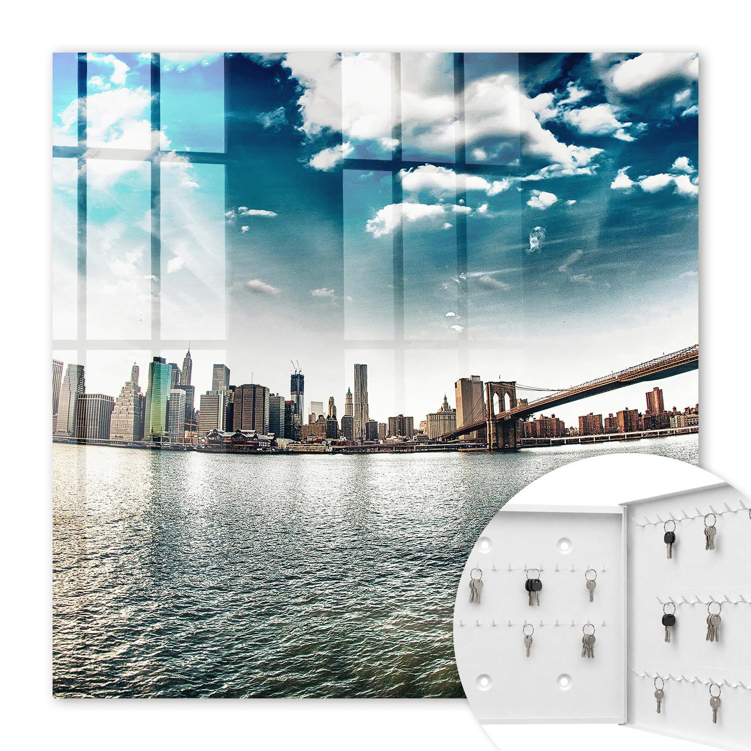 SCHLÜSSELBOX Weiß 30x30 cm – Türöffnung nach rechts - Stadtpanorama - Blau, Metall (30/30/5cm) - TULUP