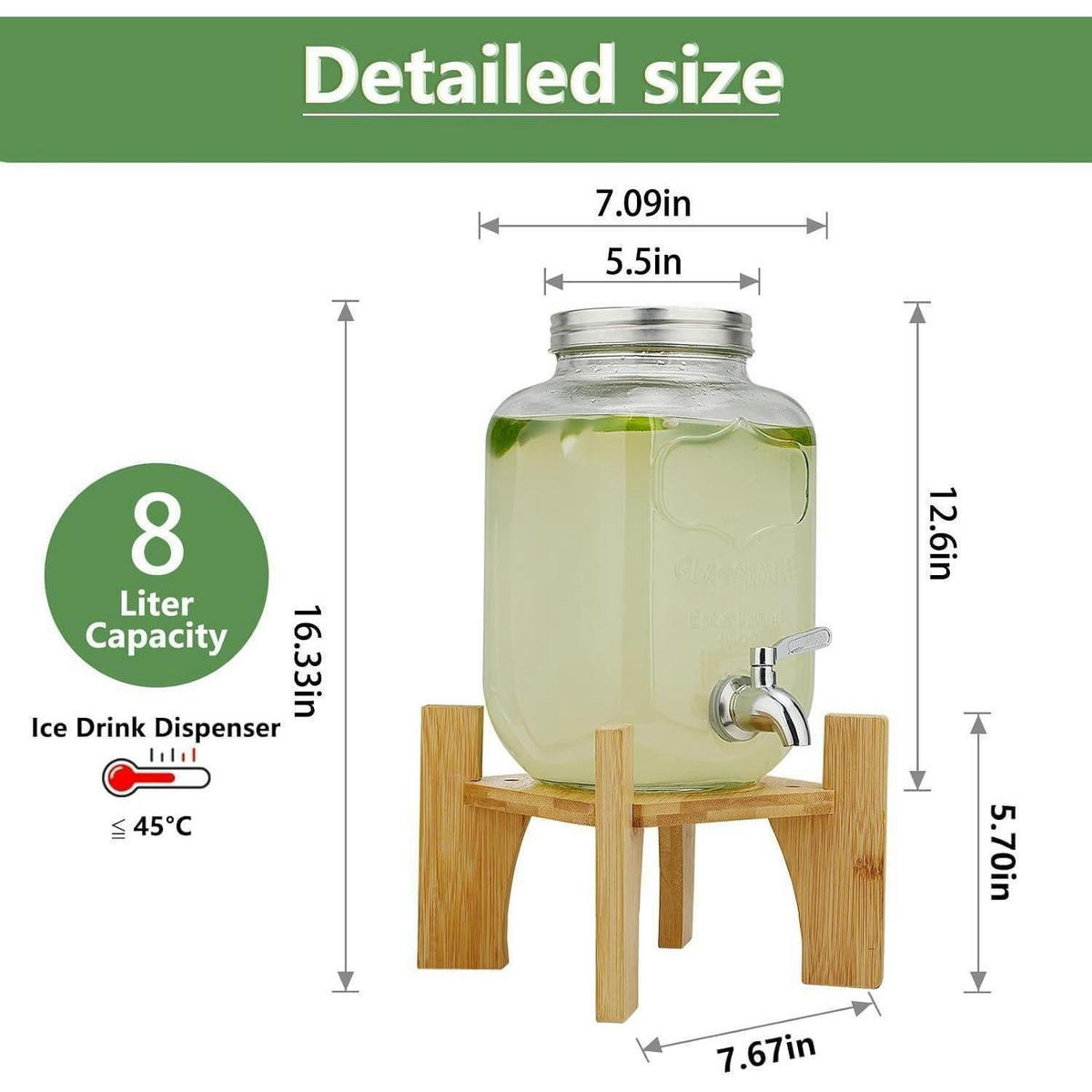 GETRÄNKESPENDER mit Ständer Glas 8L Bambus Edelstahl Zapfhahn - Orange, Glas (24/42cm)
