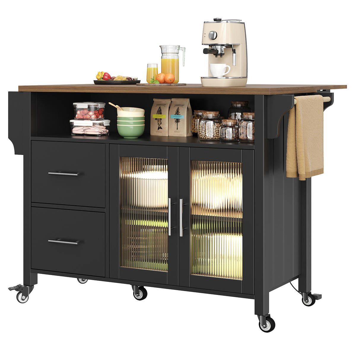 KÜCHENINSEL mit klappbarer Arbeitsplatte 139 x 40/65 x 94 cm Schwarz - Schwarz, Holz (40/94.5/139cm) - Beauniv