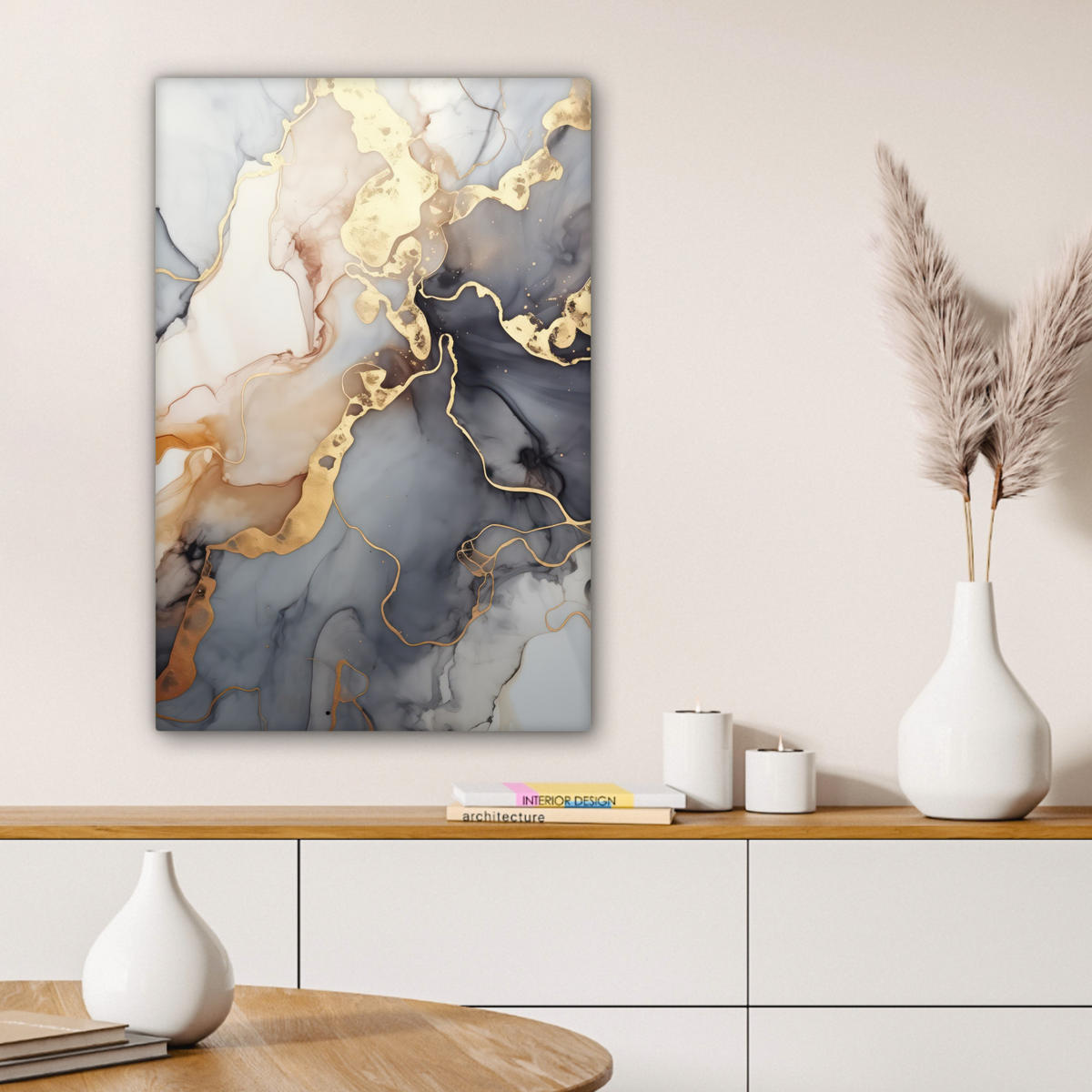 LEINWANDBILD Marmor - Schwarz - Gold - Weiß Wanddeko Schlafzimmer 60x90 cm - Dunkelgrau, Textil (60/90cm) - MuchoWow