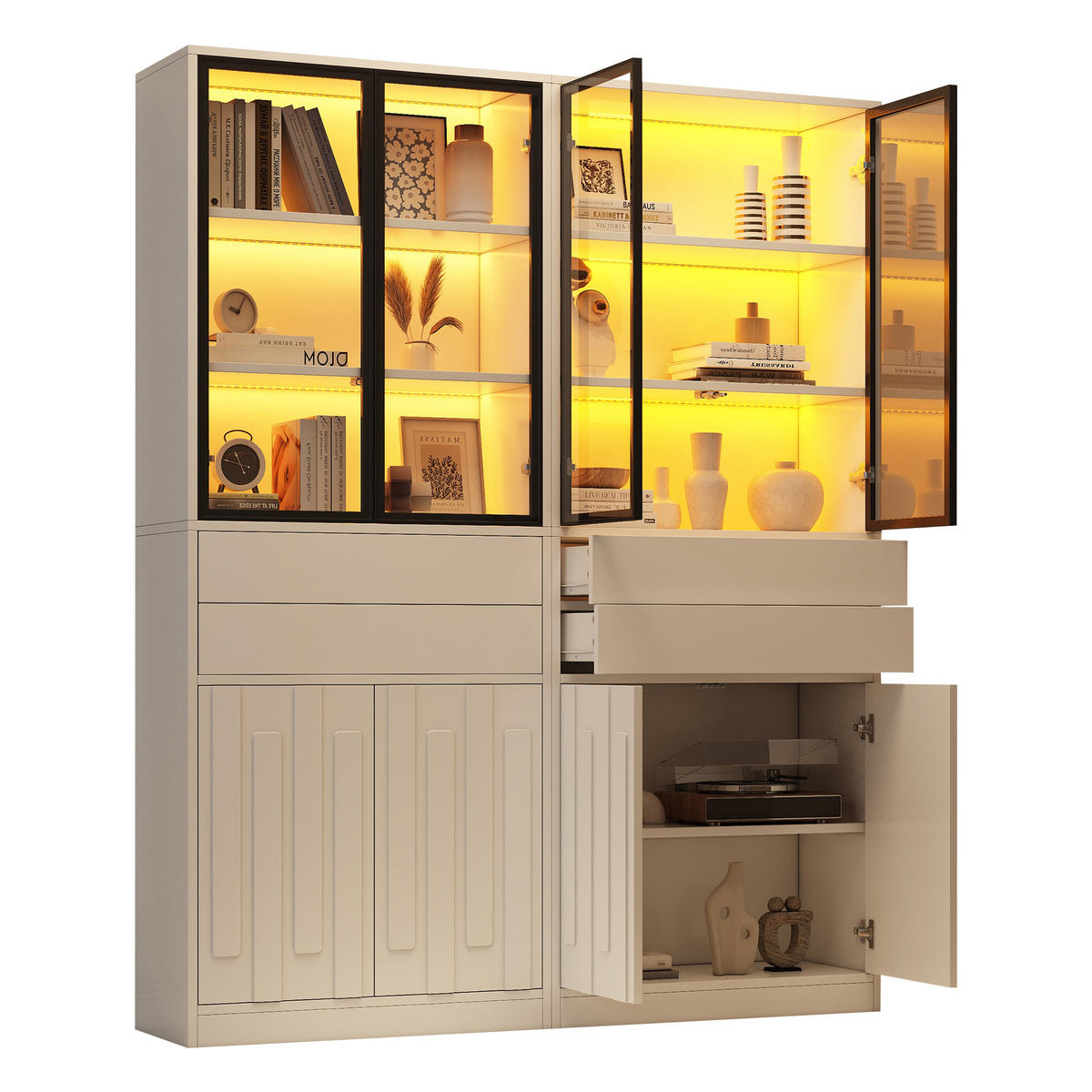 VITRINE 2er-Set 140x34x180 cm Weiß LED Glastüren - Weiß, Holzwerkstoff (140/180/34cm) - FLIEKS
