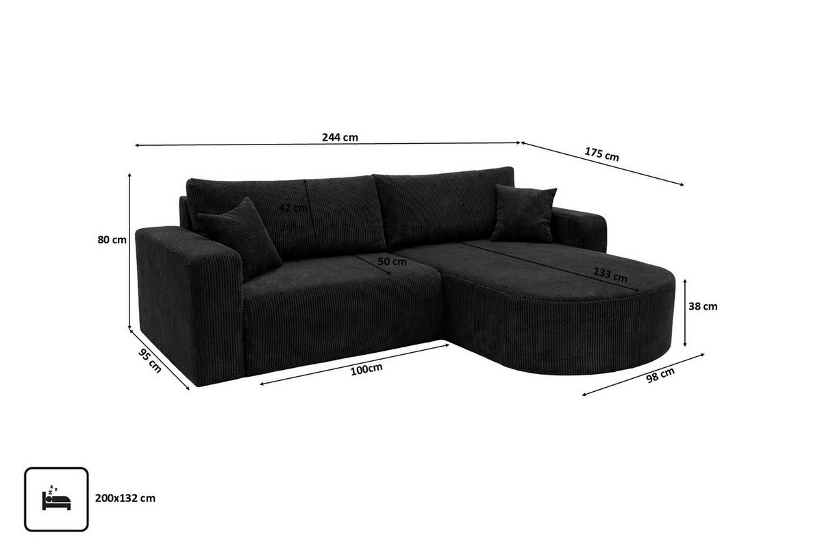 ECKSOFA Mit Schlaffunktion, Cordstoff Poso, Schwarz, Rechts, ROUND ONE - Schwarz, Holz (244/175cm) - Kaiser Möbel