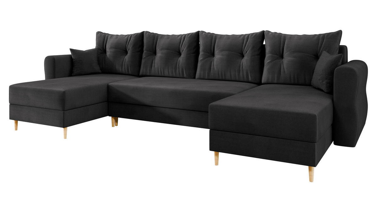 WOHNLANDSCHAFT Zako U - Schwarz/Naturfarben, Holz/Textil (310/85/138cm) - MIRJAN24