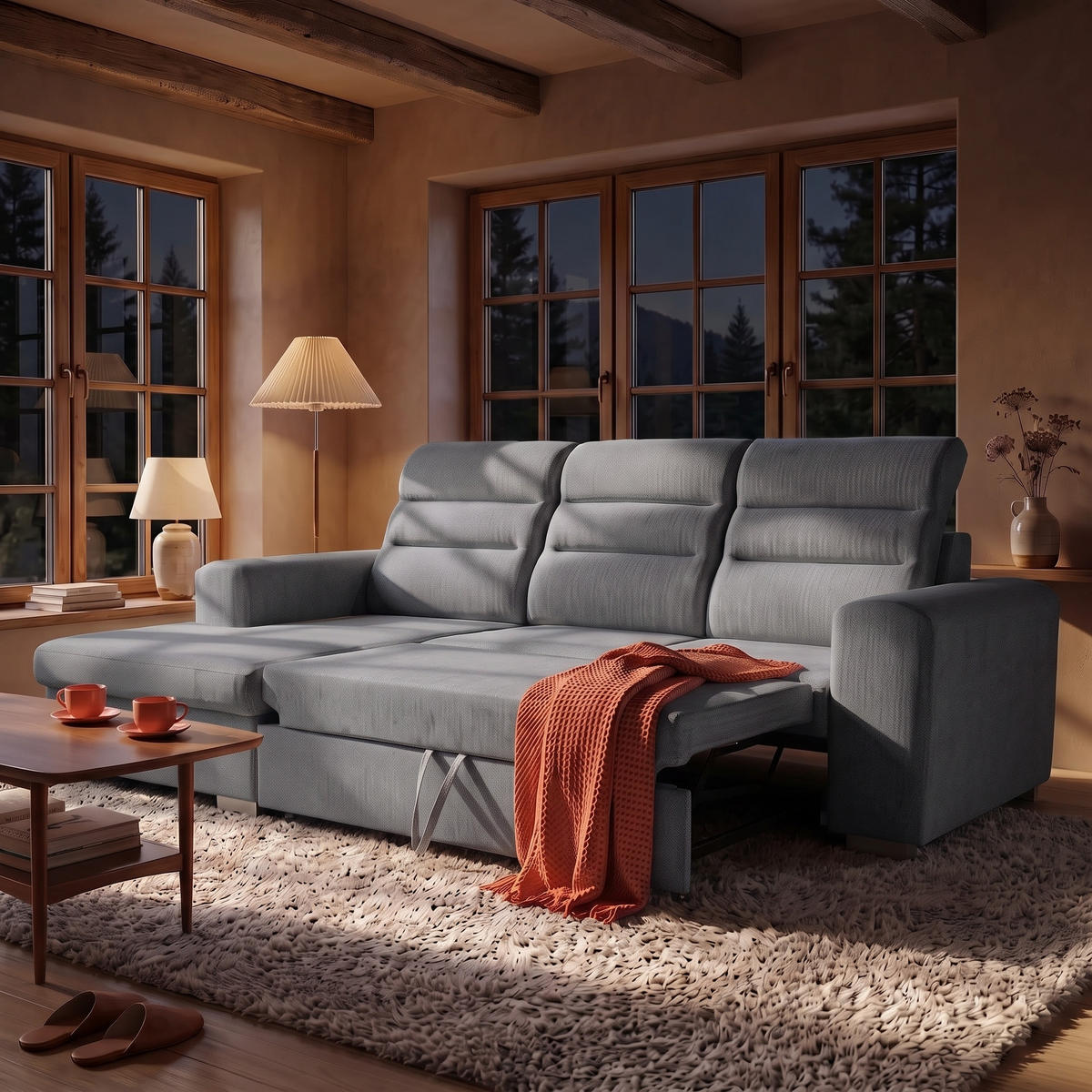 ECKSOFA CLOUD S Links mit Schlaffunktion 120x200 Velours Grau - Chromfarben/Grau, Holz/Kunststoff (155/260cm) - Muffo
