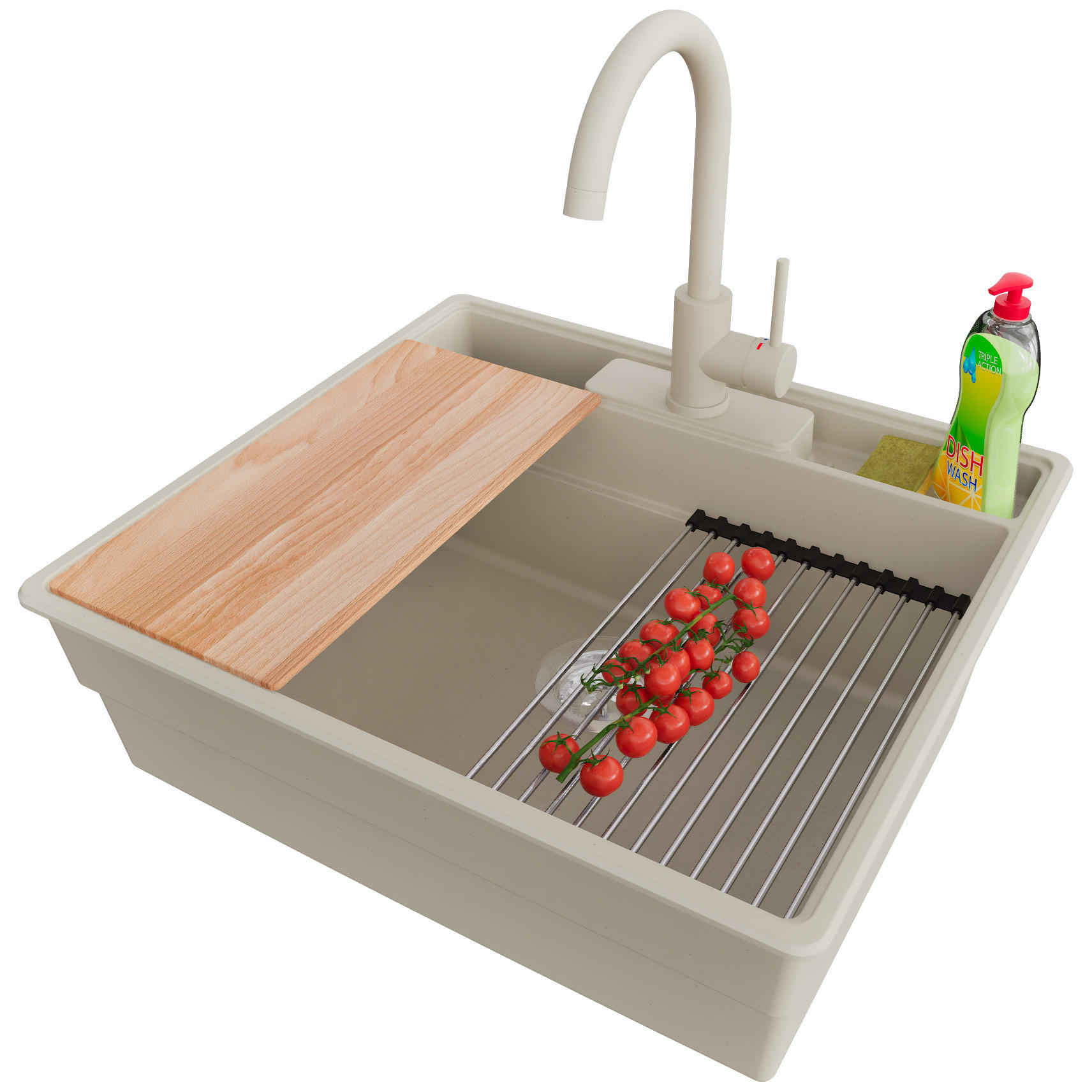 GRANITSPÜLE New York, 2-er set Beige 58/53 cm 1 Becken + Küchenarmatur 32/20 cm + Ablauf-Set + Küchenzubehörset ab 60er Unterschrank - Chromfarben/Beige, Kunststoff (58/20/53cm) - Primagran