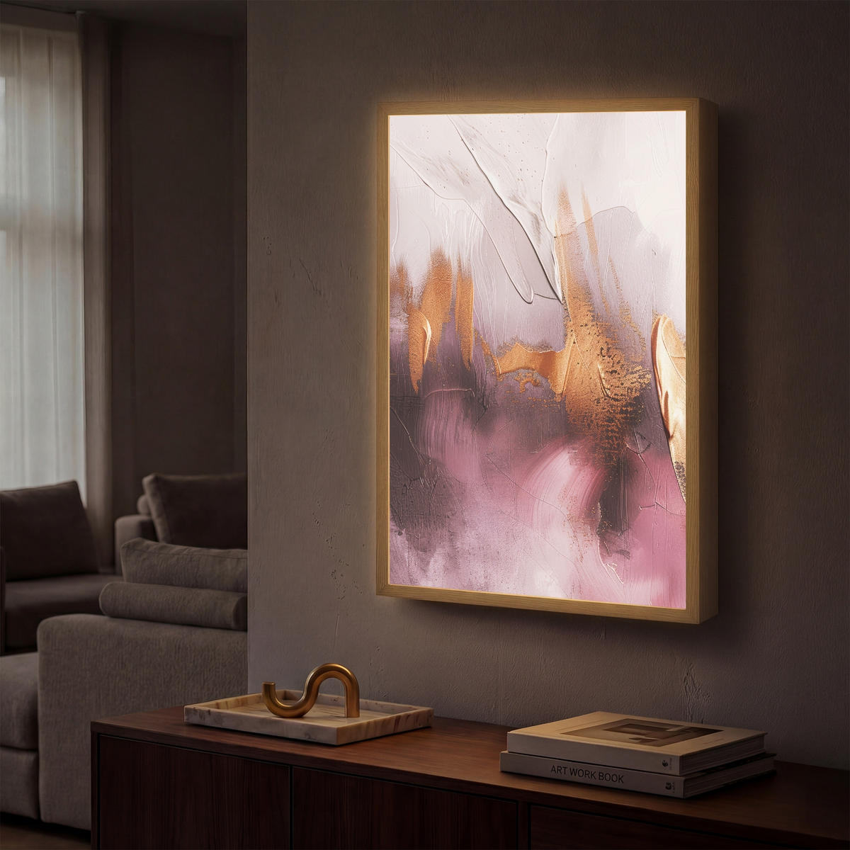 NÁSTĚNNÁ LAMPA S AKUMULÁTOREM Fialová - abstraktní - barva - zlatá 40x60 cm - světle fialová, kompozitní dřevo (40/60/8cm) - OnlyWow