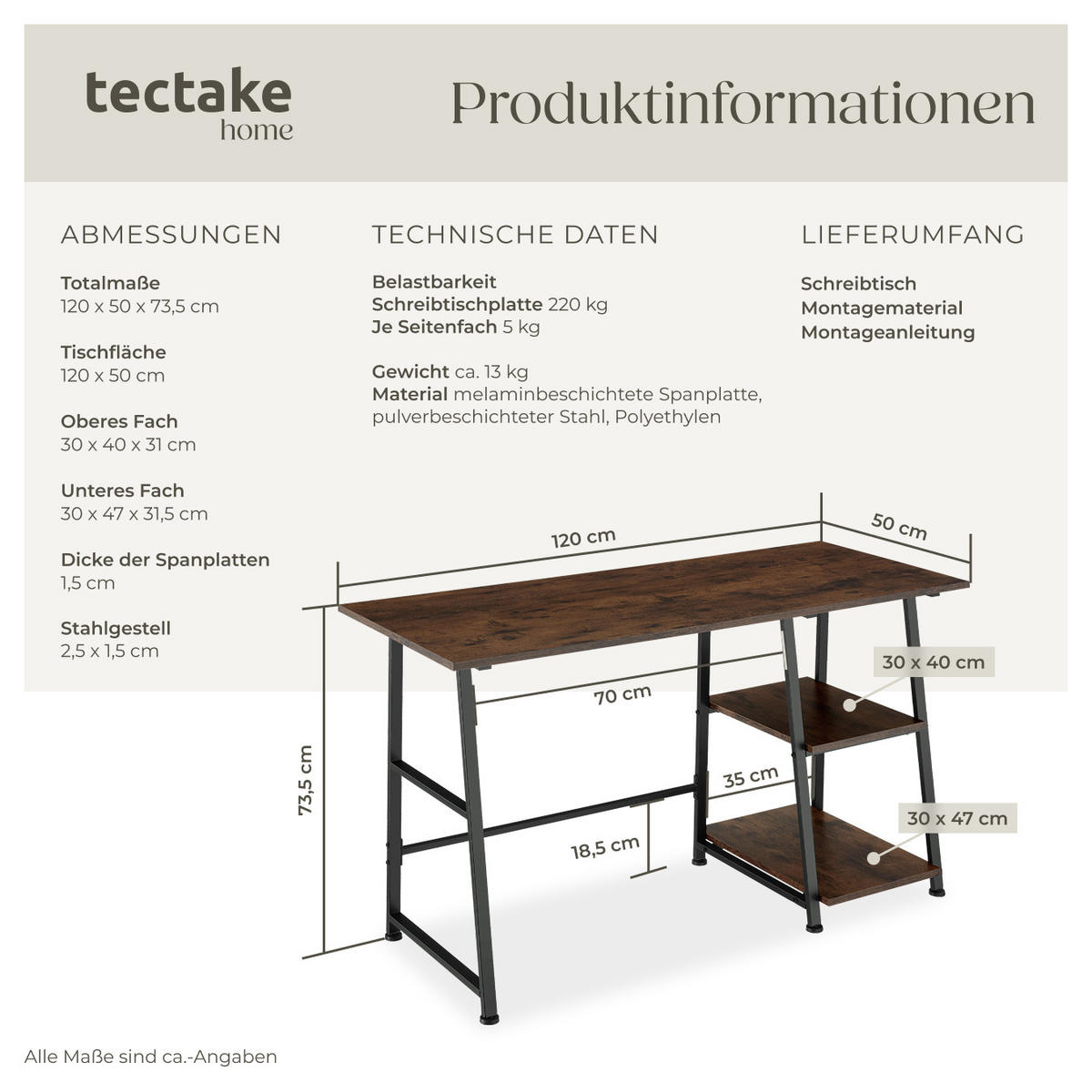 SCHREIBTISCH Paisley,120 x 50 x 73,5 cm,Industrial Holz dunkel, rustikal - Rostfarben, Holzwerkstoff (120/50/73.5cm) - tectake