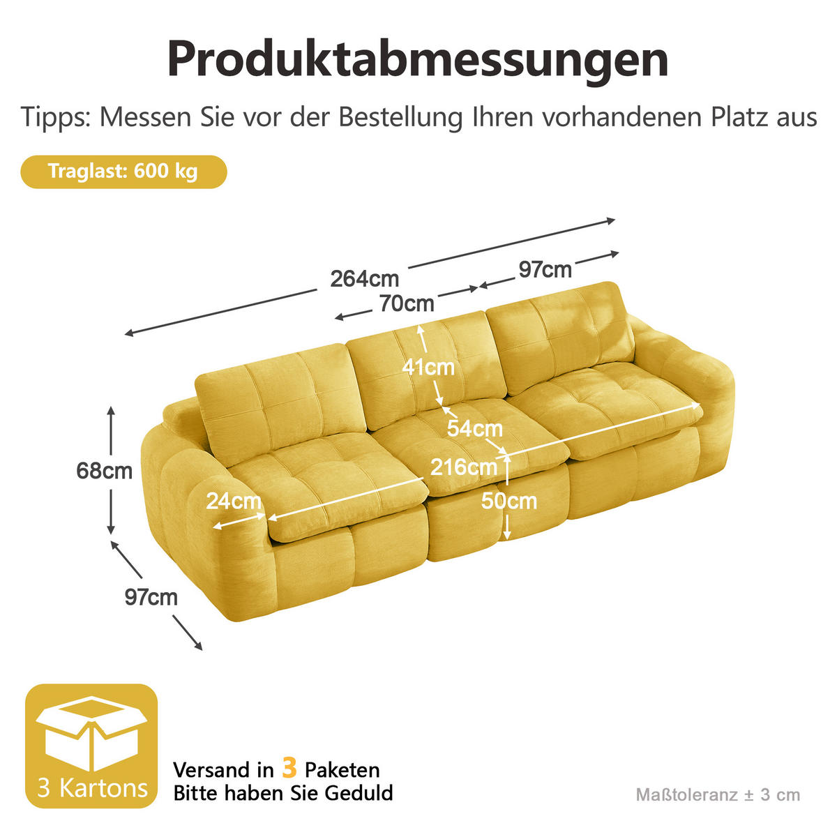 3-SITZER-SOFA DE-34464 Karostepp-Design und 32D-Schaum Gelb - Gelb, Textil (97/68/264cm) - ComfortXL