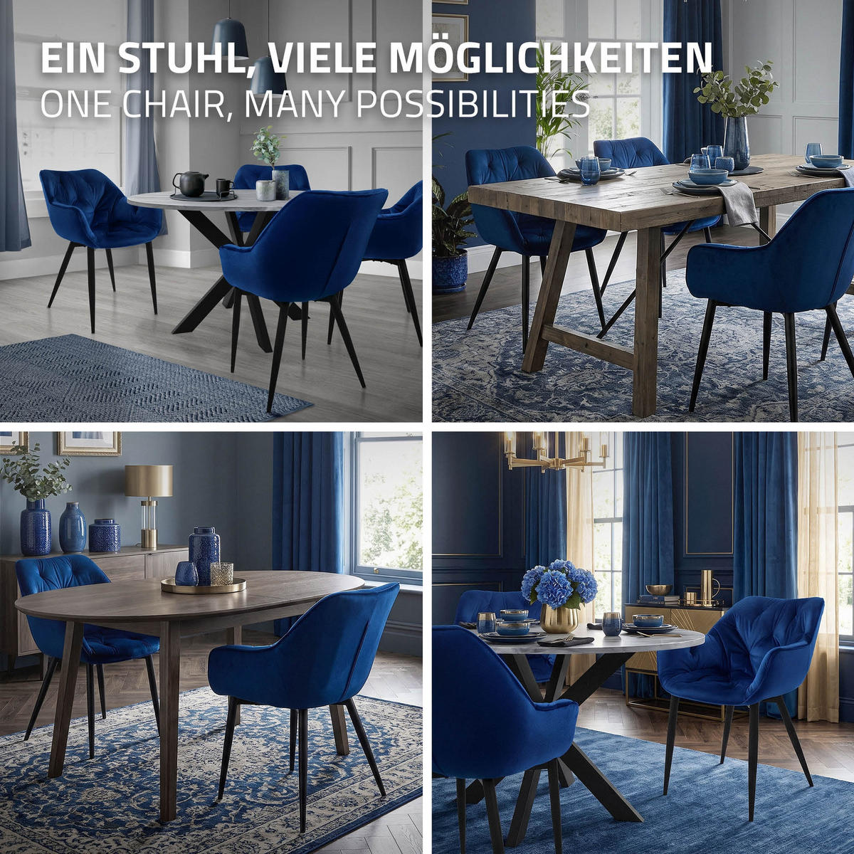 JÍDELNÍ ŽIDLE, sada 4 ks, tmavě modrý samet - černá/tmavě modrá, kov (67/83/59cm) - ML-DESIGN