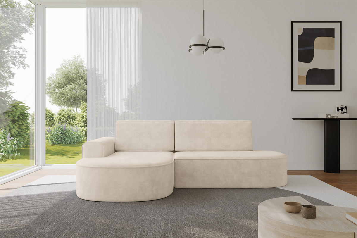 ECKSOFA mit Schlaffunktion und Bettkasten Ottomane Links MARI-L1-S - 283x167x73 cm Beige Velours - Sandfarben/Schwarz, Holzwerkstoff/Kunststoff (283/167cm) - ALTDECOR