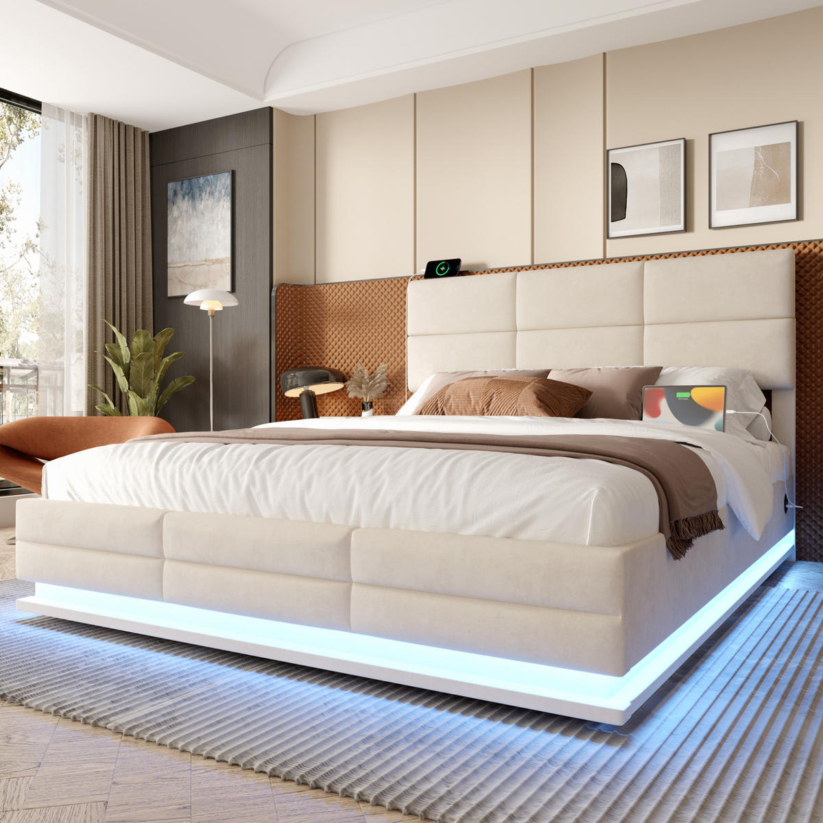 POLSTERBETT 140/200 cm Beige aus Samt mit LED-Beleuchtung und Stauraum - Beige, Textil (140/200cm) - Flora Grace