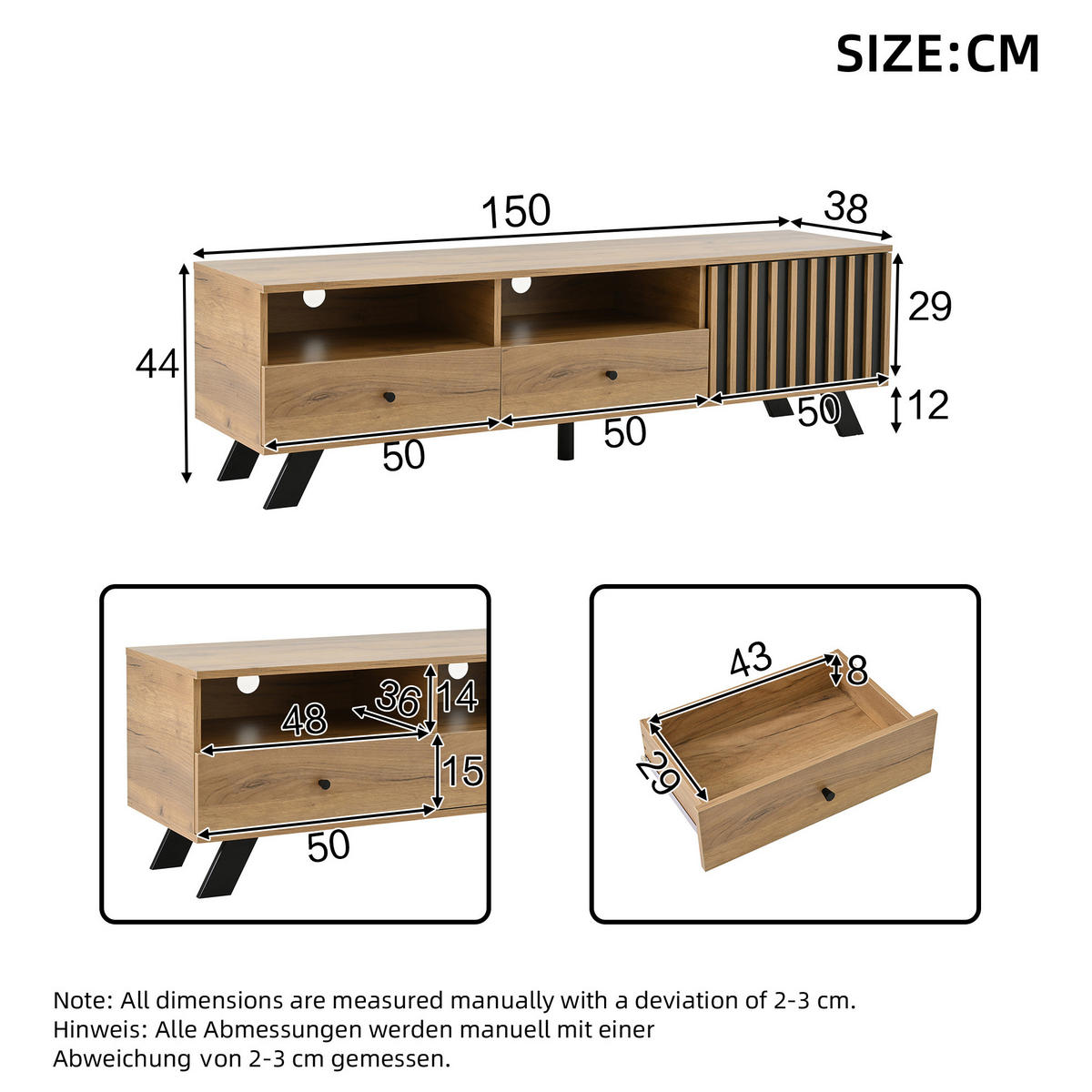 TV-LOWBOARD aus Spanplatte 150x38x44 cm Naturholz/Schwarz mit 2 Schubladen und Stauraum - Naturfarben, Holzwerkstoff (150/44/38cm) - IVMEU