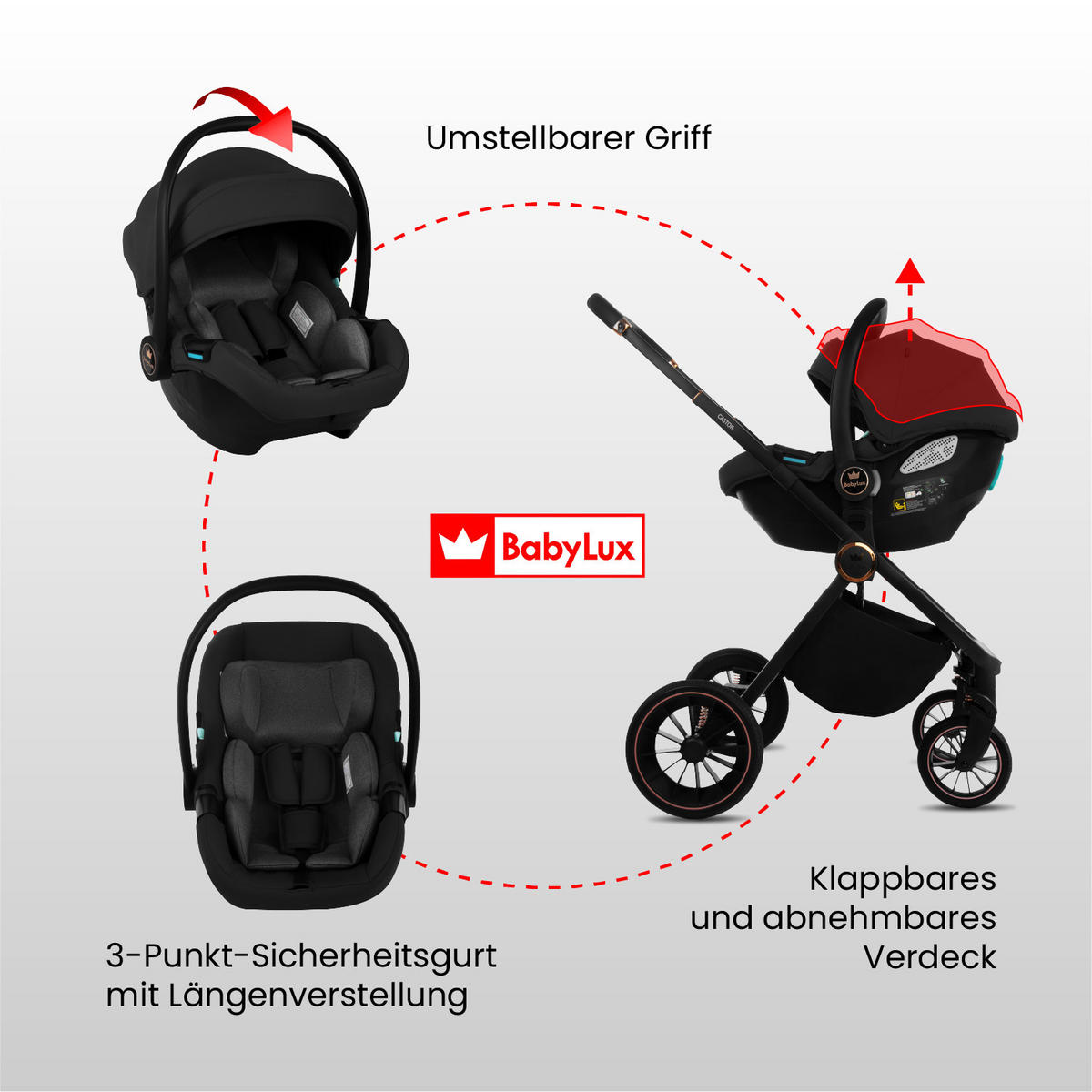 KINDERWAGEN Castor 4in1 Schwarz Babywanne, Reisebuggy, Autositz, Isofix Basis - Schwarz, Textil/Metall (58/98cm) - BabyLux