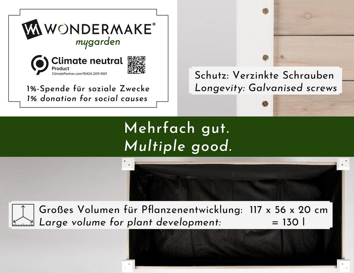 HOCHBEET aus Holz für Garten & Balkon, rechteckig mit Vlies-Folie - Weiß, Holz (124/75/63cm) - WONDERMAKE