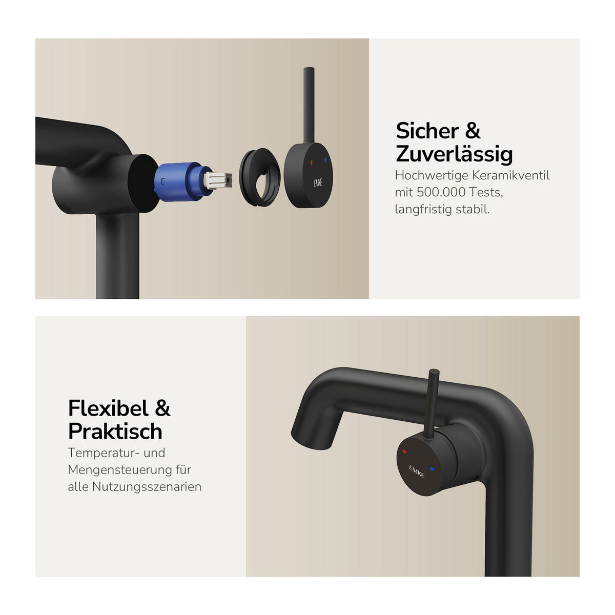 WASCHTISCHARMATUR Ventilkernzertifizierung Schwarz Matt 15cm - Schwarz, Metall (20/7.6/22.2cm) - EMKE