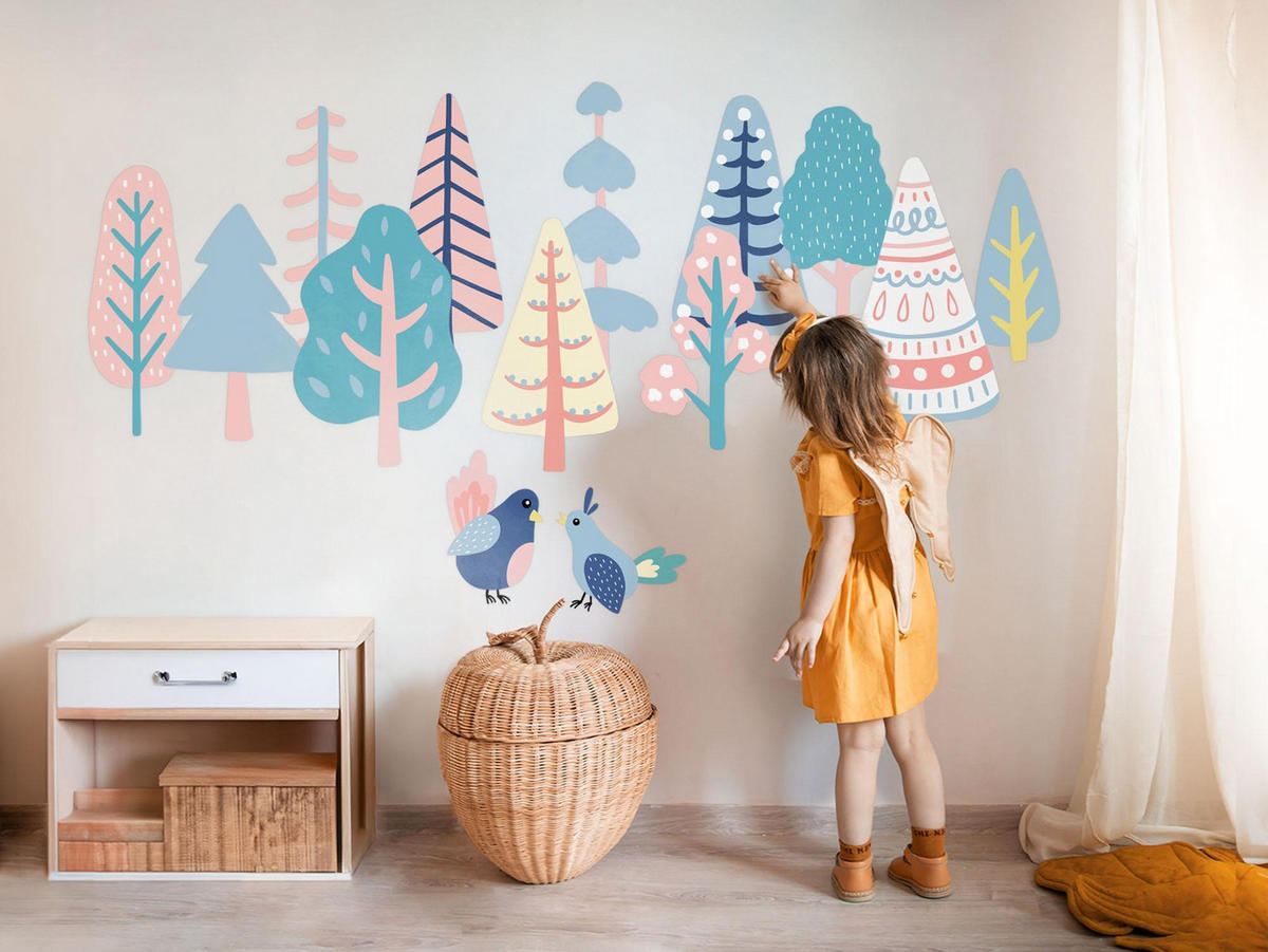 WANDAUFKLEBER 130x162cm - Wald-Boho - Multicolor, Kunststoff (130/162/0.1cm) - Wallfluent