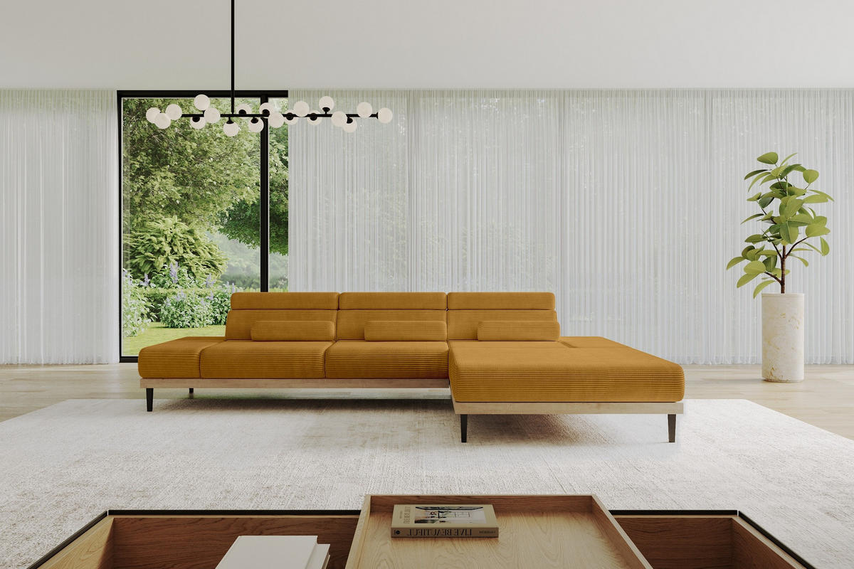 ELEKTRISCHES ECKSOFA Rechts MONA 316x205x85 Senfgelb Cord - Dunkelgelb, Holzwerkstoff/Textil (316/205cm) - ALTDECOR