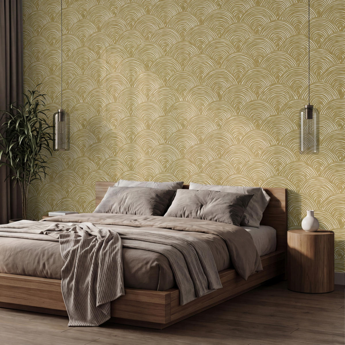TAPETE - Fächer - Geometrisch - Grün - 350x240 cm - Goldfarben, Papier (350/240cm) - OnlyWow