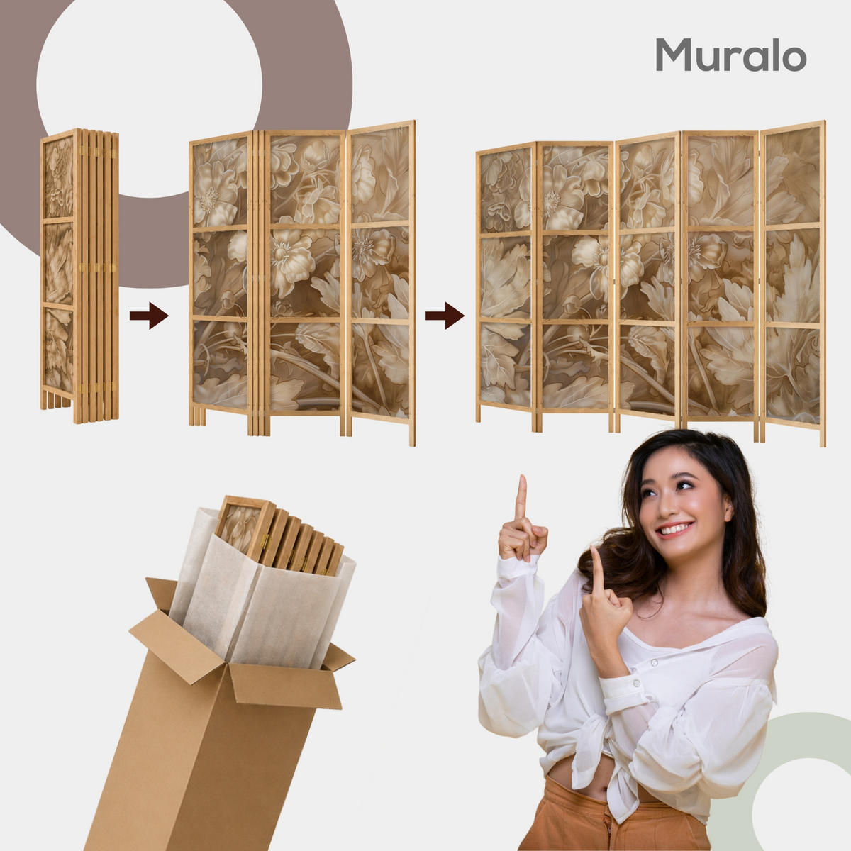 PARAVÁN Japonský 5-dielny 225x172 cm Retro Rastliny - béžová, drevo/textil (225/172/3cm) - Muralo