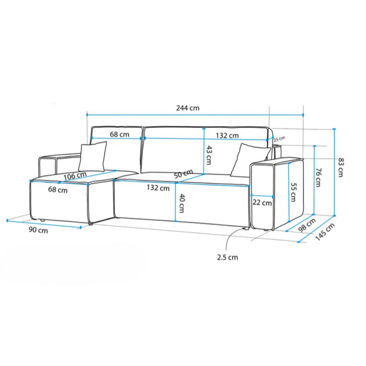 ECKSOFA Scarlo Hellgrau Bouclé-Bezug - Hellgrau/Schwarz, Kunststoff/Textil (244/145cm) - Selsey