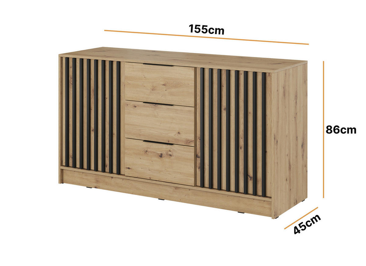 KOMMODE Stilo 155 cm in Artisan-Eiche + schwarze Lamellen - Schwarz/Eiche Artisan, Holzwerkstoff/Kunststoff (155/86/45cm) - Ravio