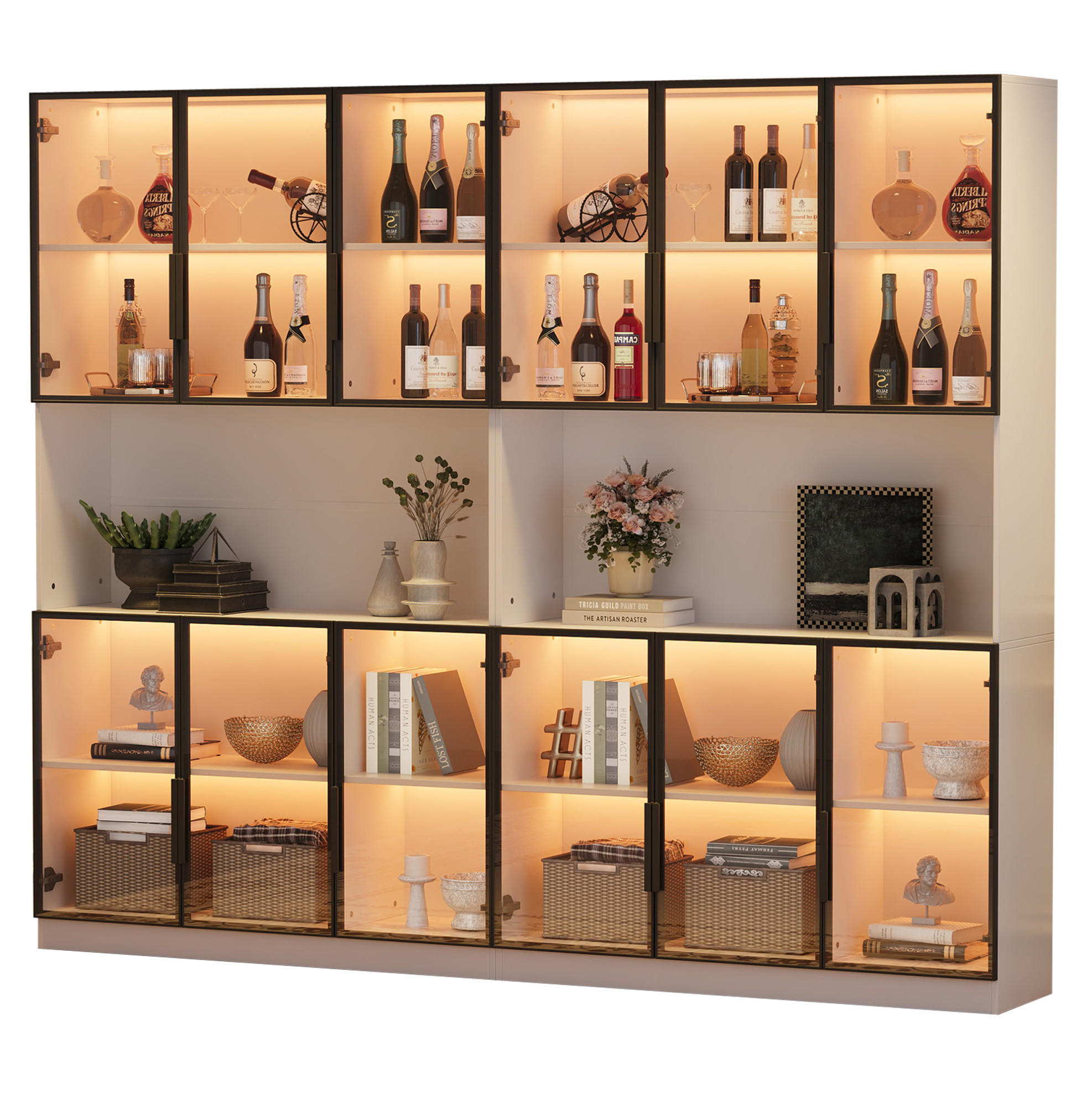 Modfu VITRÍNA z MDF a skla 240x34x200 cm bílá s LED osvětlením, ovládáním přes aplikaci a 12 dvířky