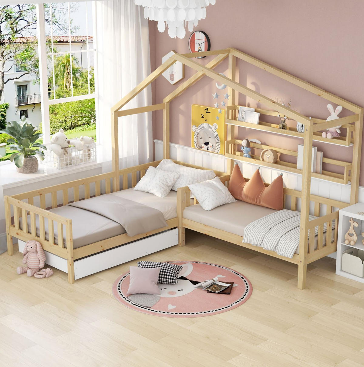 HAUSBETT 90/200 cm mit Seitenliege 140/70 cm, Schublade und Regalen, Natur - Naturfarben, Holz (90/200cm) - Flora Grace