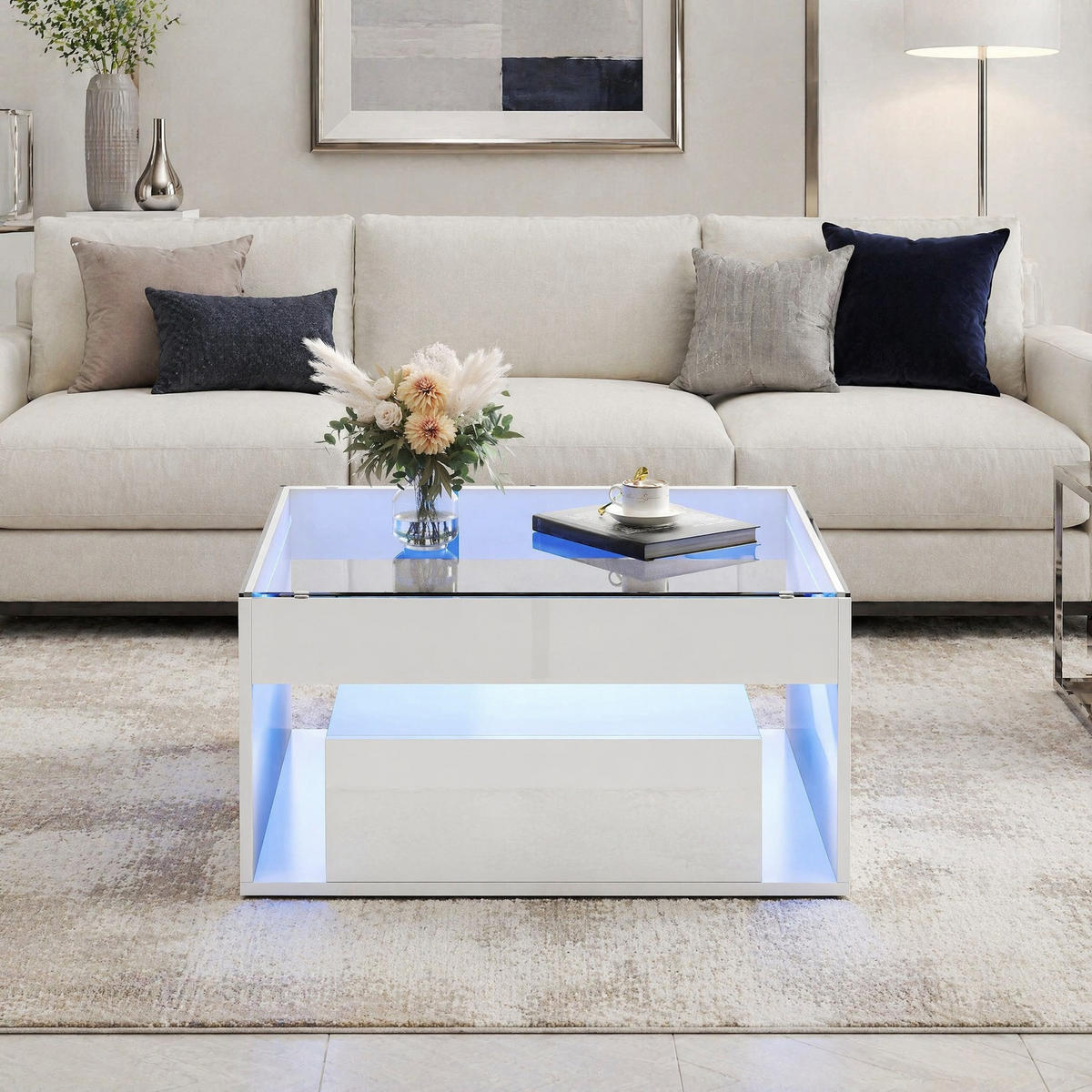 COUCHTISCH 70/70/35 cm, Weiß, mit LED-Beleuchtung, Glasplatte und 2 Schubladen - Weiß, Glas/Holzwerkstoff (70/70/35cm) - CHICFURN