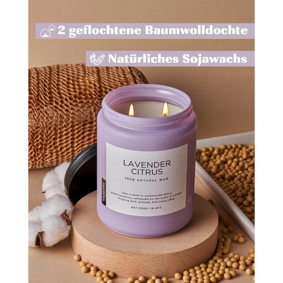 DUFTKERZE Lavendel Zitrus mit 2 Dochten 550g - Flieder, Paraffin (13cm)