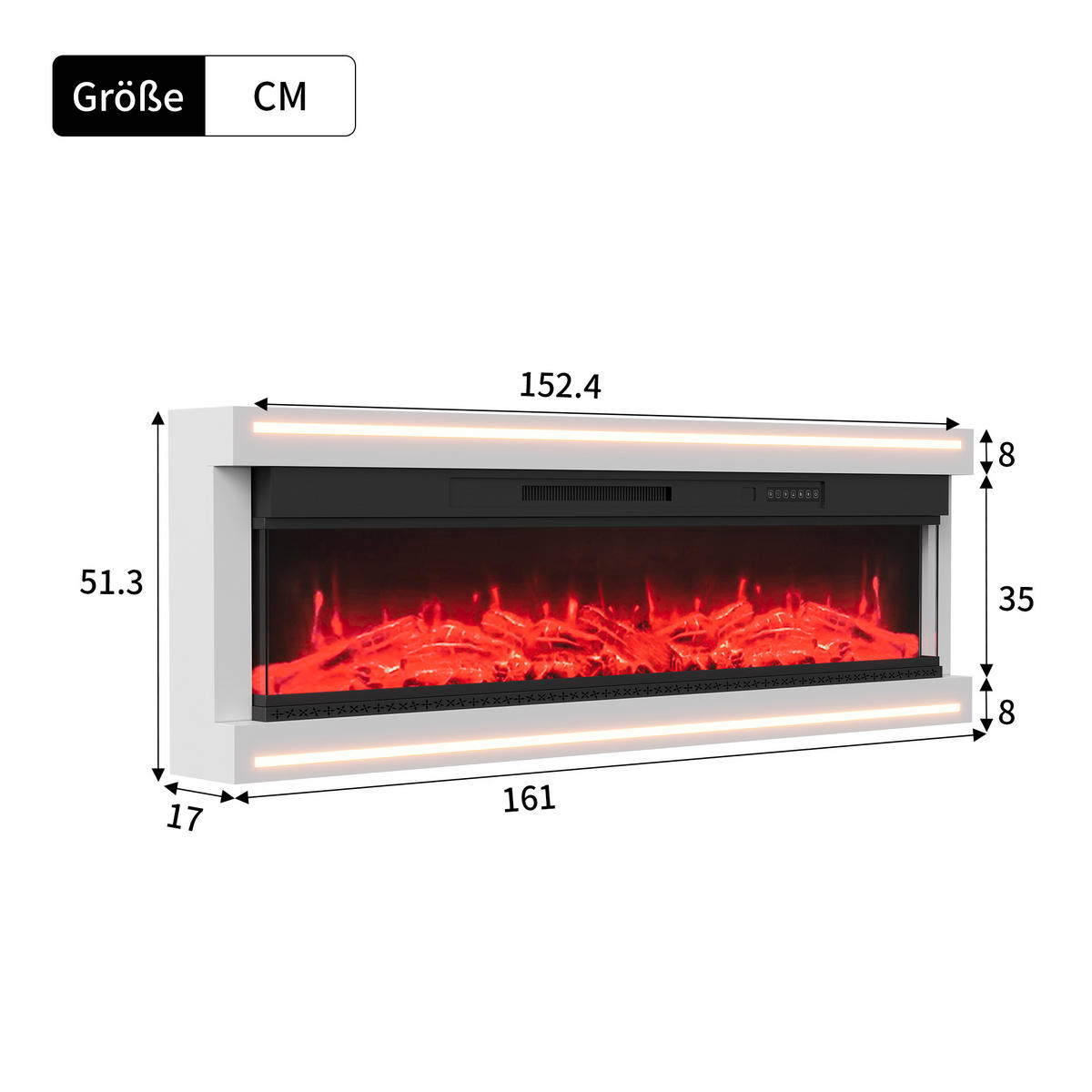 ELEKTROKAMIN 60" Hochglanz, LED-Flammen, 12 Farben, Fernbedienung, Atmosphärenlicht - Weiß, Holz (161/51.3/17cm) - EuroLiving