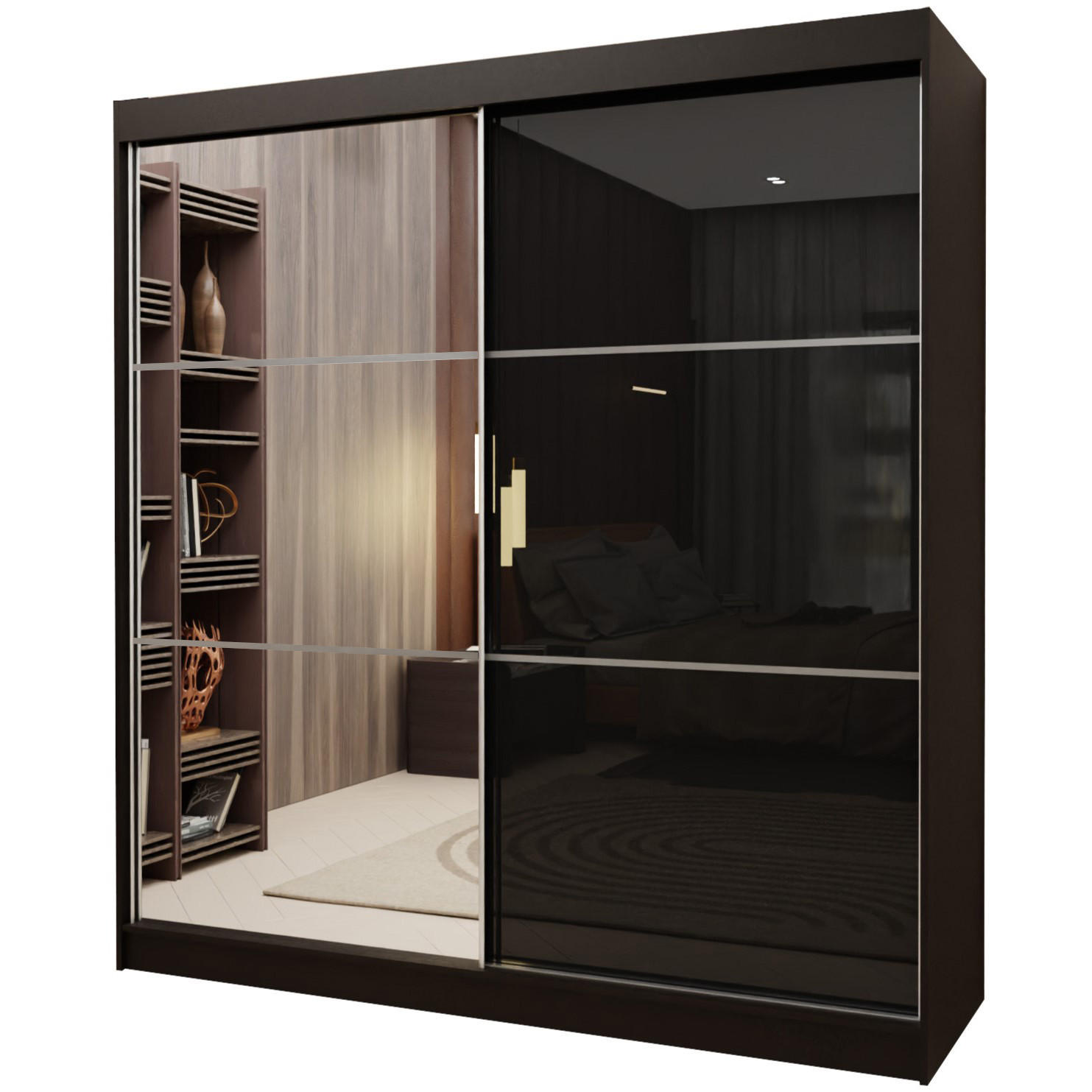 SCHWEBETÜRENSCHRANK VITALE 200/216/61 cm 2-türig mit Spiegel Schwarz - Schwarz, Holzwerkstoff (200/216/61cm) - MASSENO