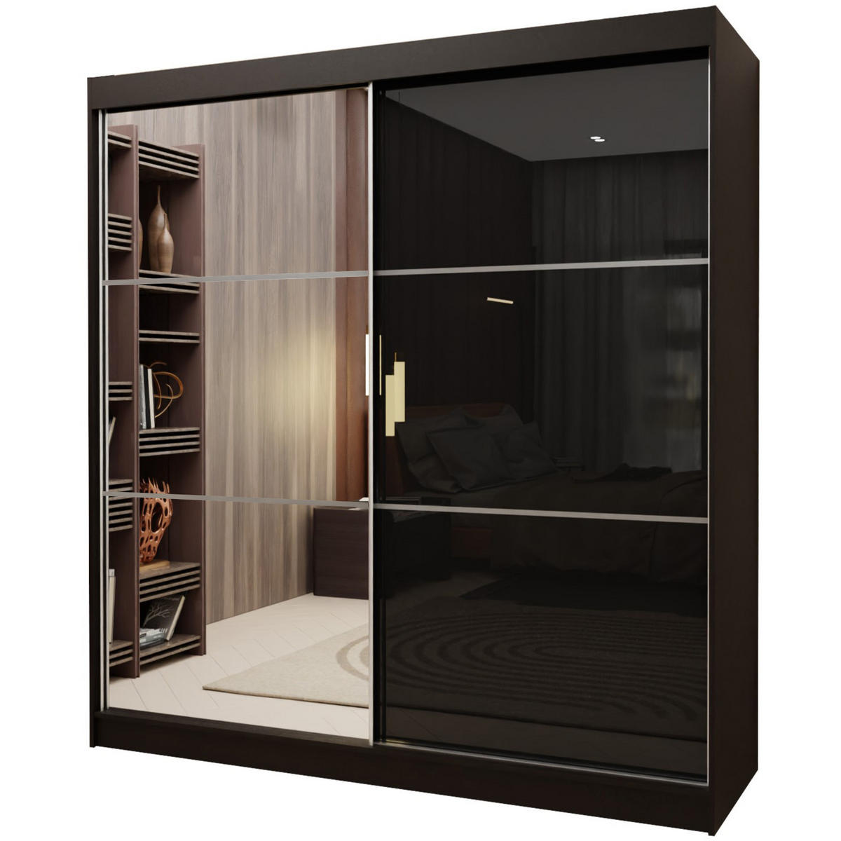 SCHWEBETÜRENSCHRANK VITALE 200/216/61 cm 2-türig mit Spiegel Schwarz - Schwarz, Holzwerkstoff (200/216/61cm) - MASSENO