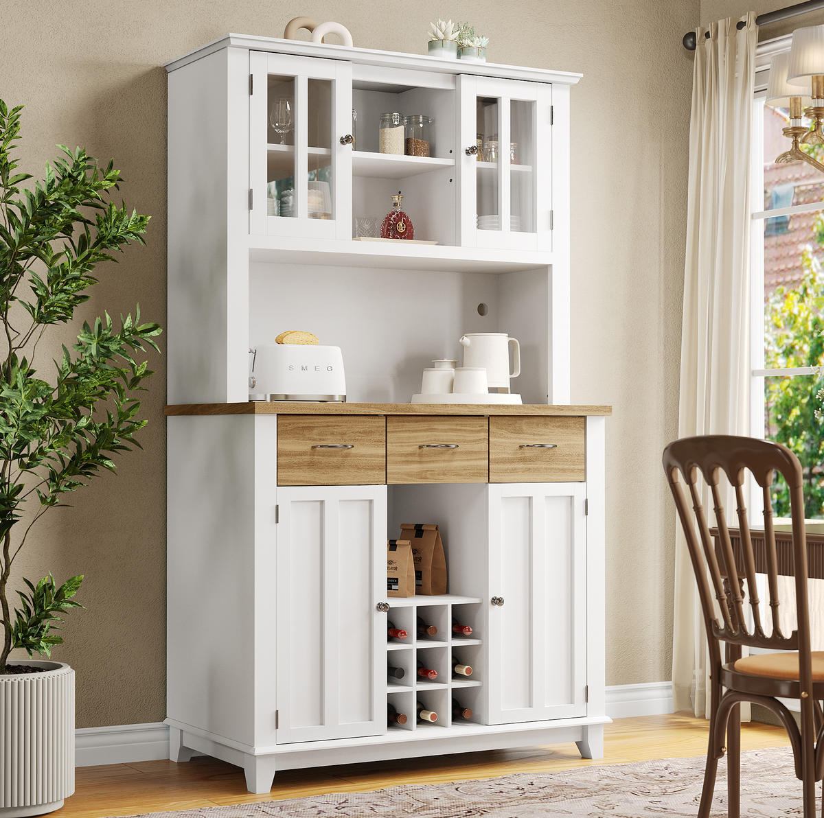 HOCHSCHRANK aus MDF mit LED-Beleuchtung und Weinregal, 106/40/179,5 cm, Weiß und Natur - Weiß, Holzwerkstoff (106/179.5/40cm) - Redom