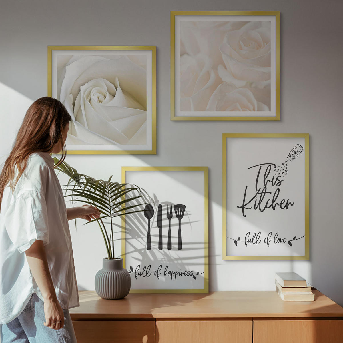 BILDER SET 4er Set - 50x50 cm & 40x60 cm Goldrahmen - Geometrische Muster im Bauhaus-Stil - Goldfarben, Kunststoff (50/50cm) - TULUP