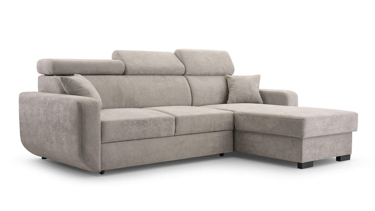 ECKSOFA CASTELLO Beige Plüsch-Stoff mit Schlaffunktion - Beige, Holz (236/165cm) - MASSENO